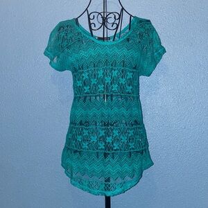 Maurices Teal Crochet Lace Short Sleeve Top